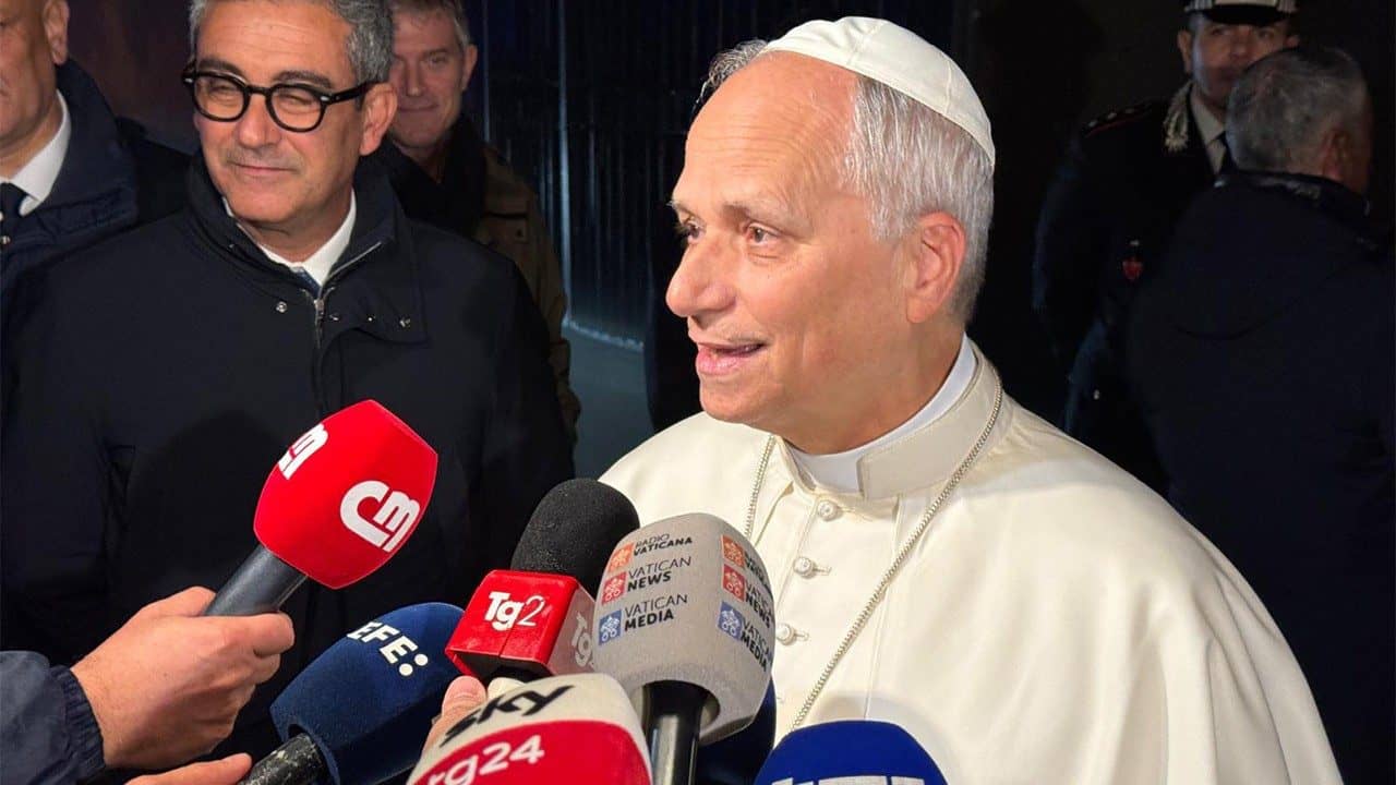 Pope Leo XIV speaks to journalists in Castel Gandolfo, Italy, on Nov. 18, 2025. (Credit: Vatican Media.)