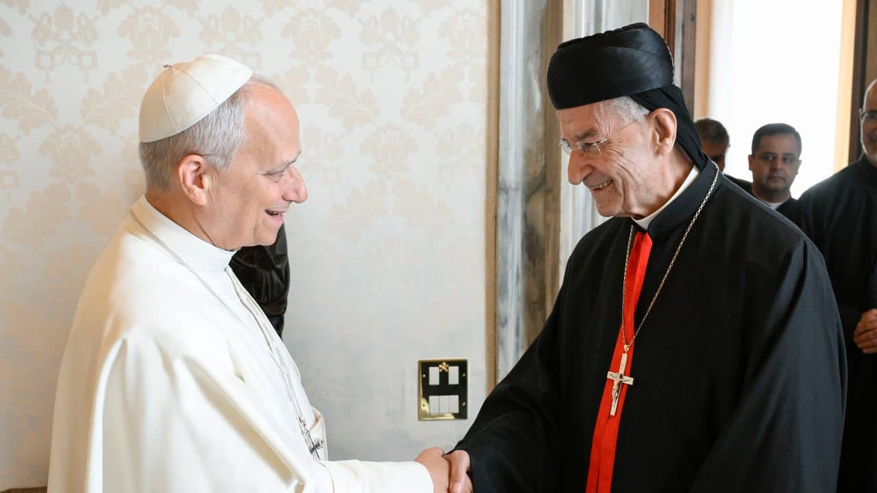 Pope Leo XIV greets Cardinal Bechara Boutros al-Rahi at the Vatican on October 18, 2025. (Credit: Vatican Media.)