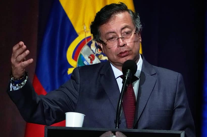 Colombia’s President Gustavo Petro speaks at a ceremony marking the ninth anniversary of the signing of a peace deal between the state and the Revolutionary Armed Forces of Colombia (FARC), in Bogota, Colombia, Wednesday, Nov. 26, 2025. (Credit: Fernando Vergara/AP.)