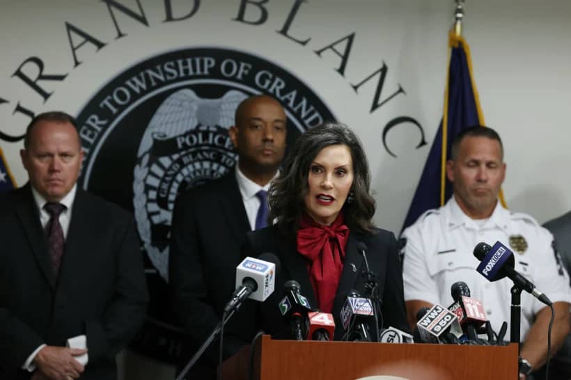 Michigan Gov. Gretchen Whitmer addresses the media during a news conference, Sept. 29, 2025, in Grand Blanc Township, Mich. (Credit: Carlos Osorio/AP.)