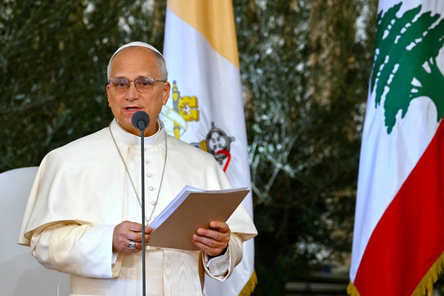 Pope Leo XIV delivers his speech during a farewell ceremony at the Beirut International Airport in Beirut, Lebanon, Tuesday, Dec. 2, 12025. (Credit: Andreas Solaro/Pool Photo via AP.)