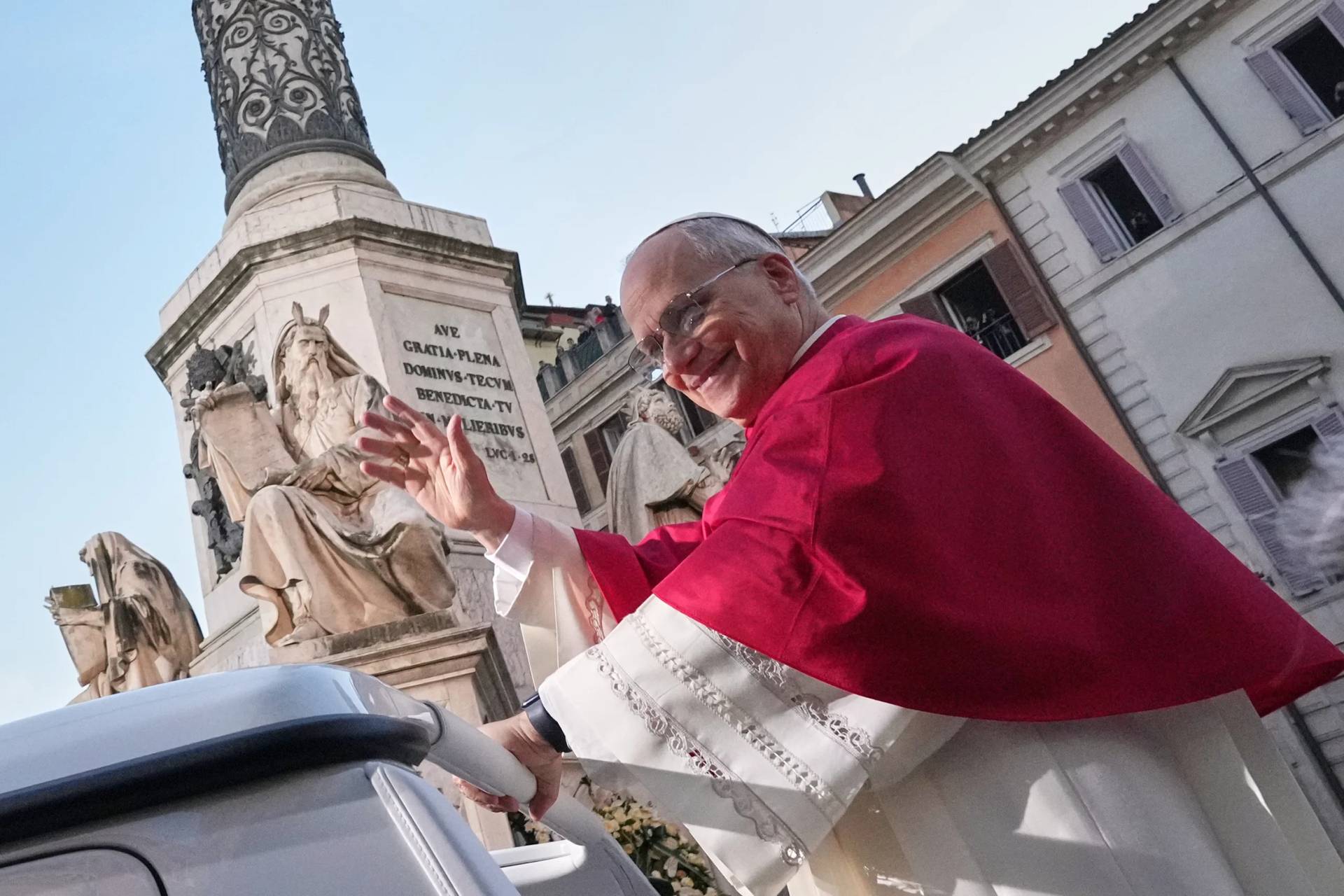 Pope Leo XIV leaves after praying in front of the statue of the Virgin Mary next to the Spanish Steps in Rome, Monday, Dec. 8, 2025, on the Catholic Feast of the Immaculate Conception. (Credit: Andrew Medichini/AP.)