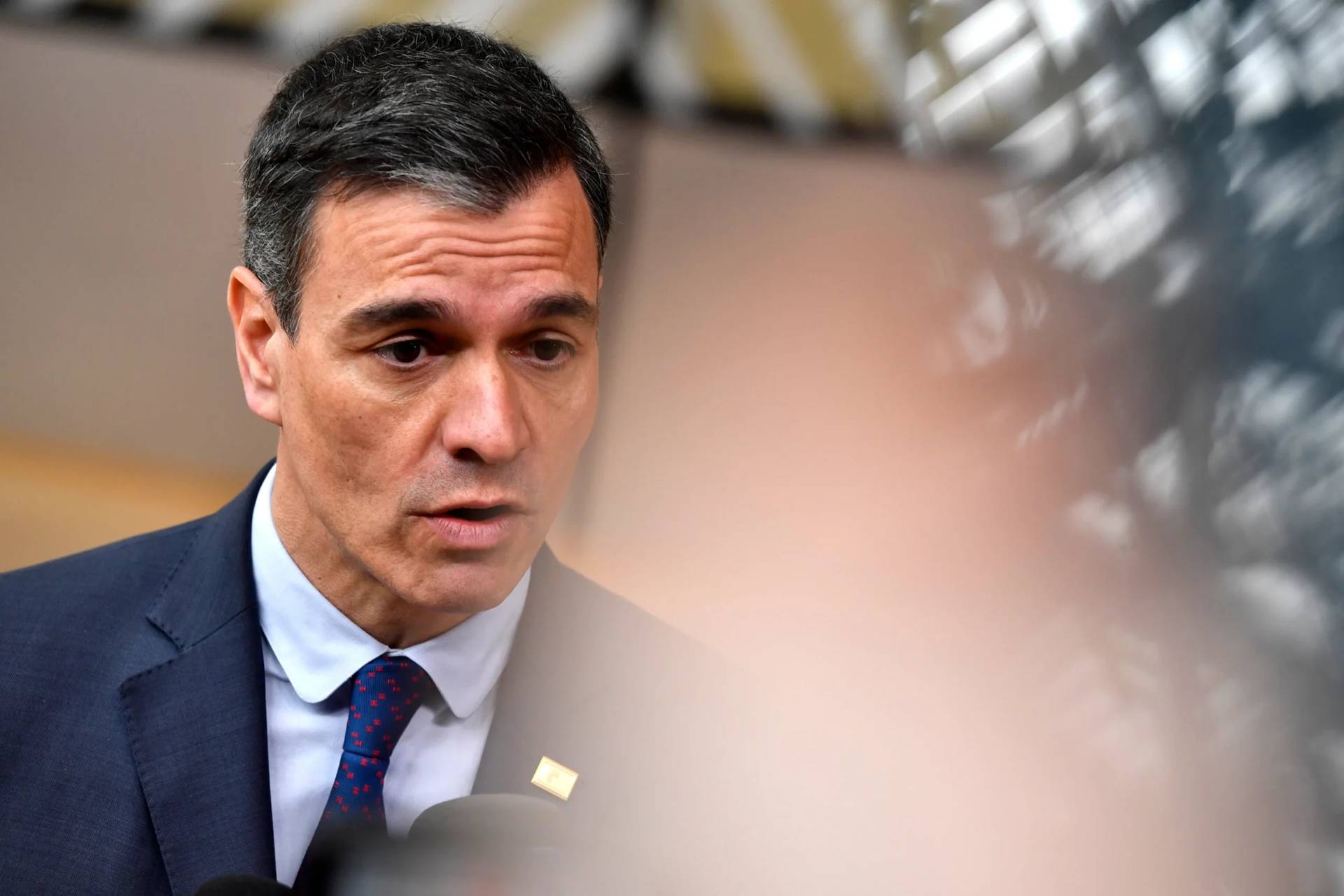 Spain's Prime Minister Pedro Sanchez speaks in Brussels on March 23, 2023. (Credit: Geert Vanden Wijngaert/AP.)