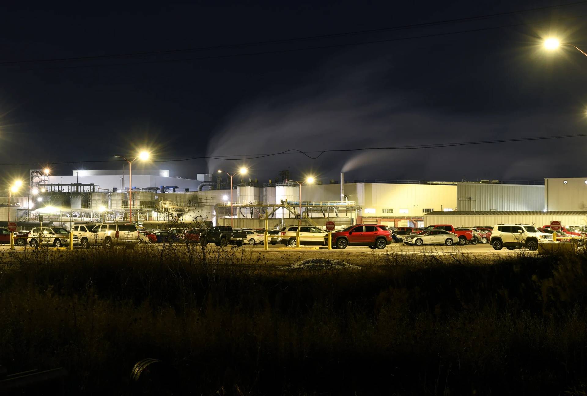 Steam rises from chimneys during the night shift at the Tyson Foods’ beef plant in Lexington, Neb., Wednesday, Dec. 3, 2025. (Credit: Thomas Peipert/AP.)