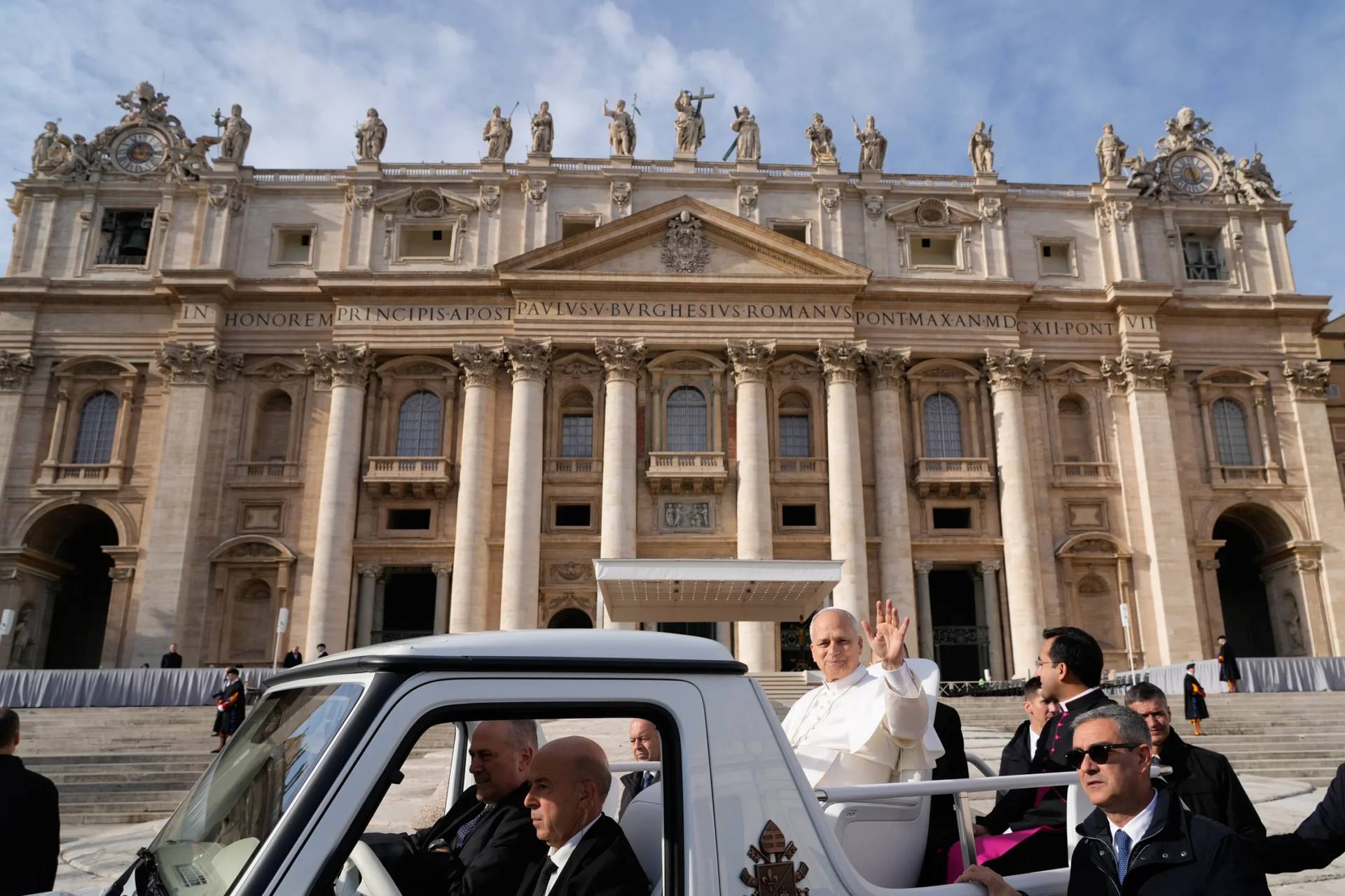 Pope Leo XIV leaves St. Peter's Square at the end of the last Jubilee audience, at the Vatican, Saturday, Dec. 20, 2025. (Credit: Gregorio Borgia/AP.)