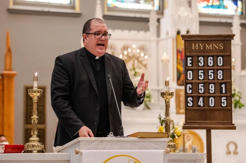 Manuel Rodriguez celebrates Mass at Our Lady of Sorrows Catholic Church in the Queens borough of New York, on Sunday, May 8, 2022. (Credit: Brittainy Newman/AP.)