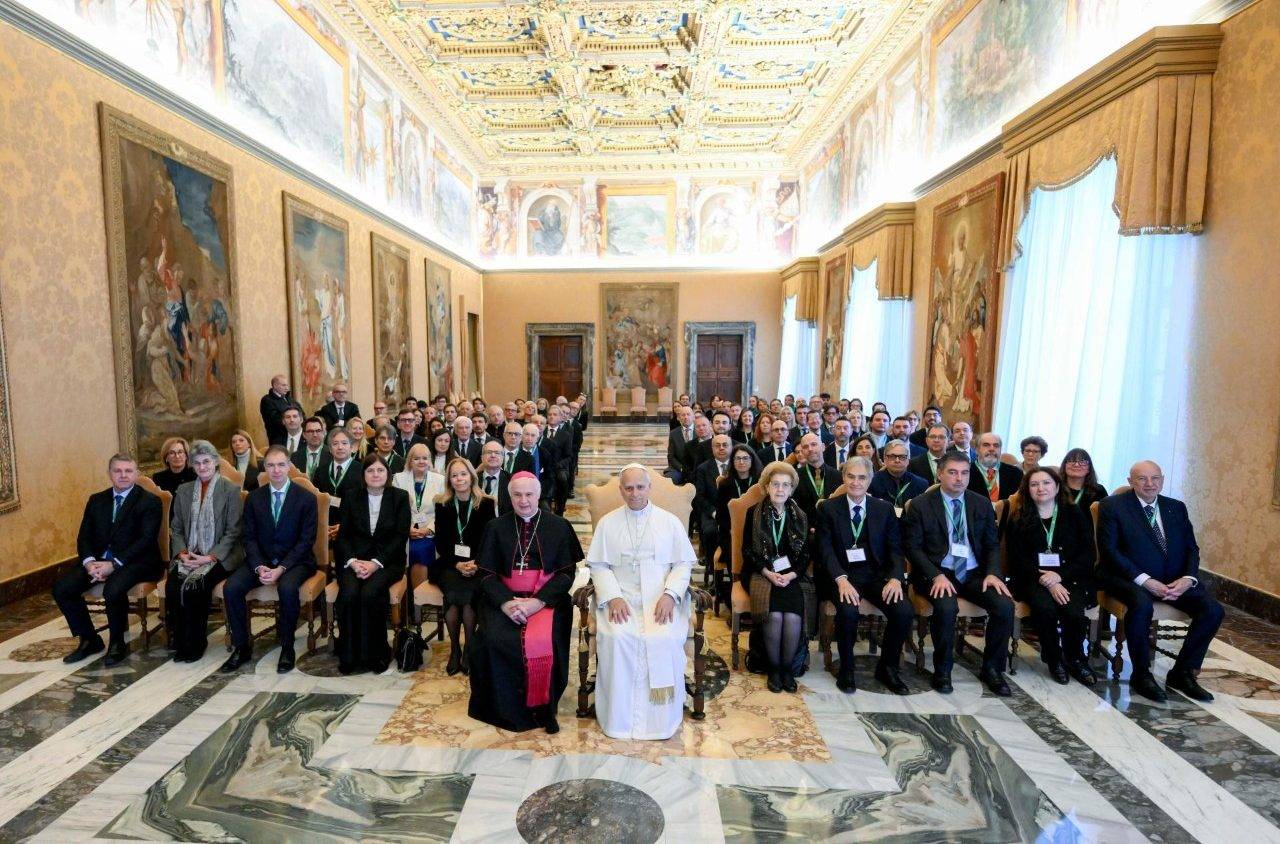 Pope Leo XIV meets with the participants in the Conference "Artificial Intelligence and Care of Our Common Home" in the Vatican on Dec. 5, 2025. (Credit: Vatican Media.)