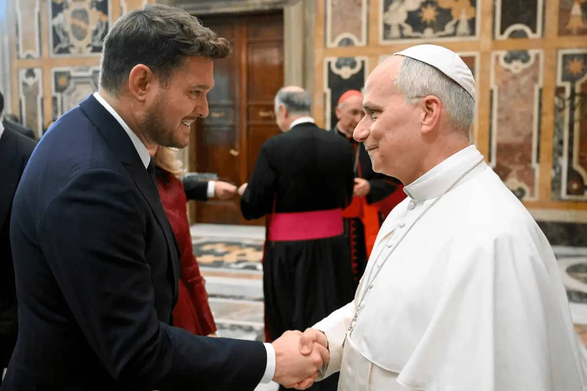 Pope Leo XIV greets Canadian singer Michael Bublé after an audience Dec. 5 in the Apostolic Palace of the Vatican. (Credit: Vatican Media.)