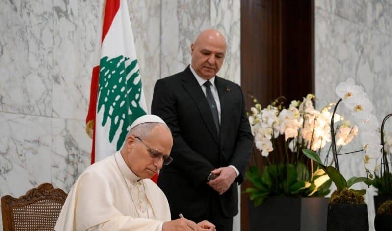 Pope Leo XIV arrives in Beirut in Lebanon, Nov. 30, 2025. (Credit: Vatican Media.)