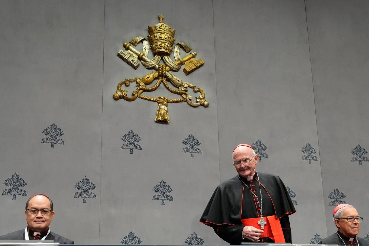 From left, Cardinals Pablo Virgilio Siongco David, Stefen Brislin and Luis Jose Rueda Aparicio arrive at a press conference at the end of Pope Leo XIV’s first Extraordinary Consistory, a special formal assembly convening the College of Cardinals from around the world, at the Vatican, Thursday, Jan. 8, 2026. (Credit: Gregorio Borgia/AP.)