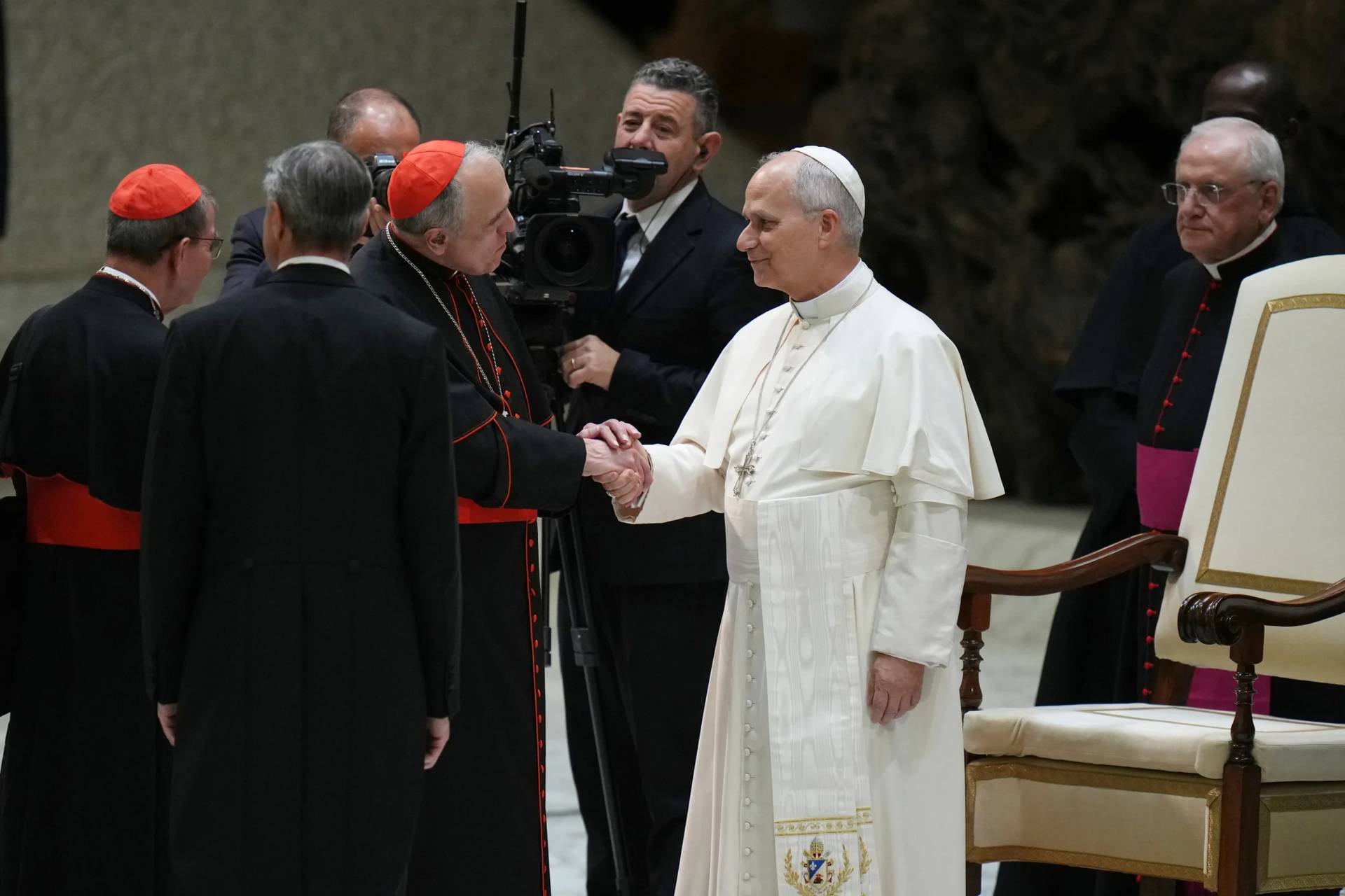 Pope Leo XIV meets Cardinals and Bishops at the end of his weekly general audience in the Paul VI Hall at the Vatican, Wednesday, Jan. 7, 2026. (Credit: Alessandra Tarantino/AP.)