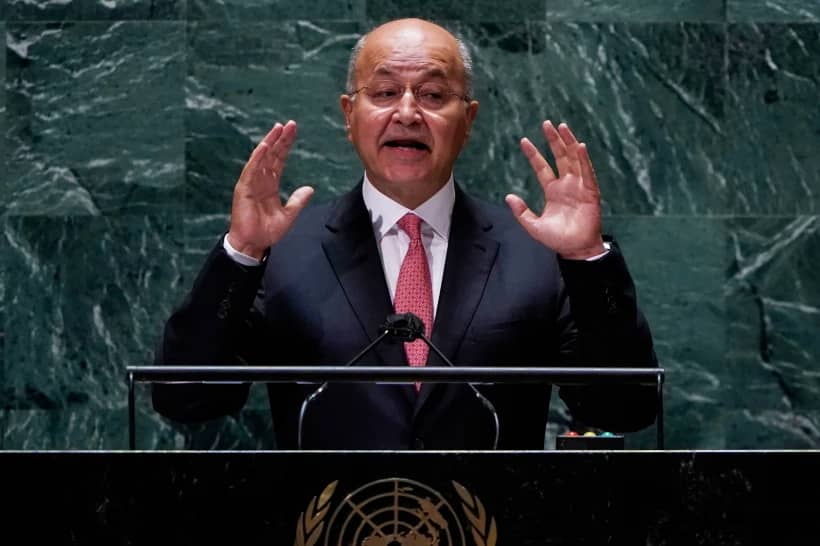Barham Salih, President of Iraq addresses the 76th Session of the U.N. General Assembly at United Nations headquarters in New York, on Sept. 23, 2021. (Credit: Timothy A. Clary/Pool Photo via AP.)