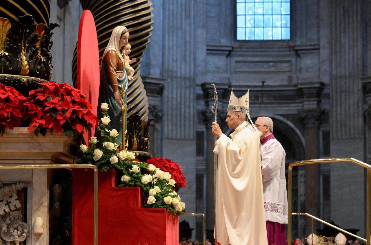 Pope Leo XIV in front of a stature of St. Mary in St. Peter's Basilica in the Vatican, on Jan. 1, 2026. (Credit: Vatican Media.)