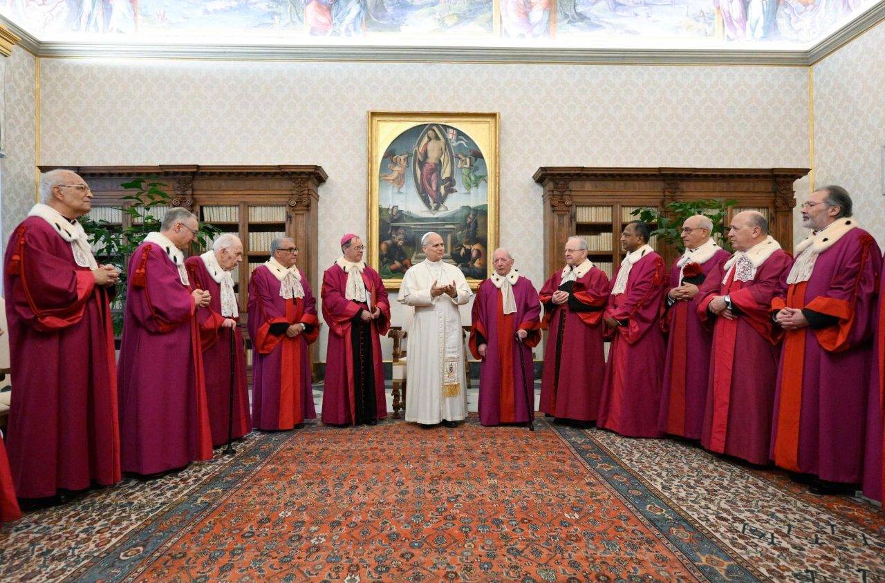 Pope Leo XIV receives officials of the Tribunal of Roman Rota for the inauguration of their judicial year in the Vatican on Jan. 26, 2026. (Credit: Vatican Media.)