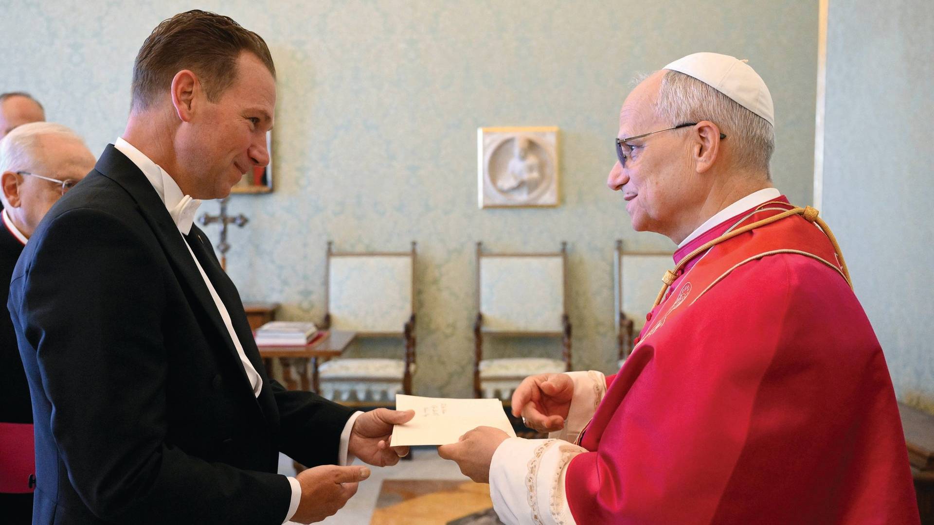 Pope Leo XIV receives the letters of credential of Brian F. Burch as U.S. ambassador to the Holy See during an audience Sept. 13, 2025, in the Apostolic Palace at the Vatican. (Credit: Vatican Media.)