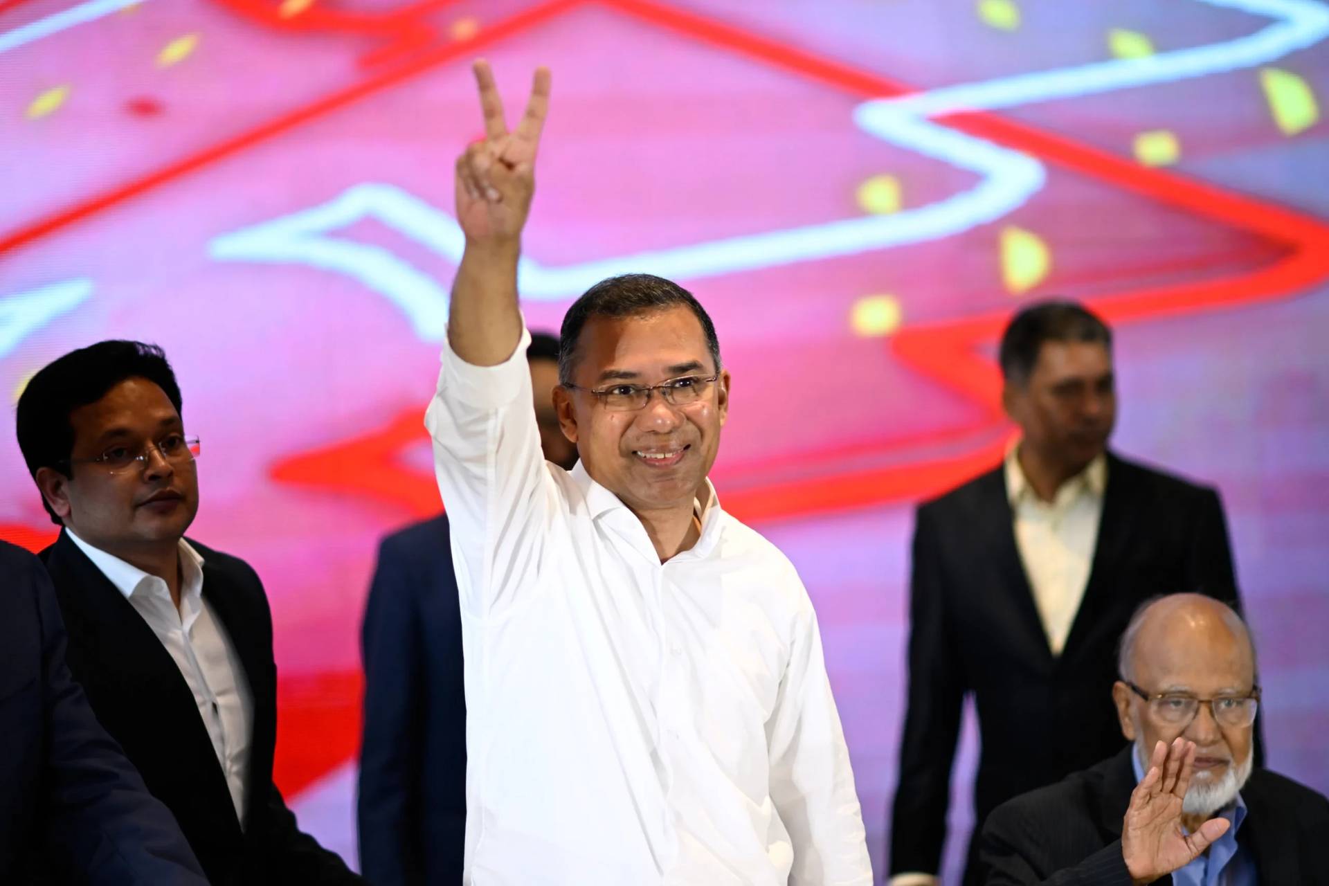 Newly elected Tarique Rahman greets supporters in Dhaka, Bangladesh, on Feb. 14, 2026. (Credit: Mahmud Hossain Opu/AP.)