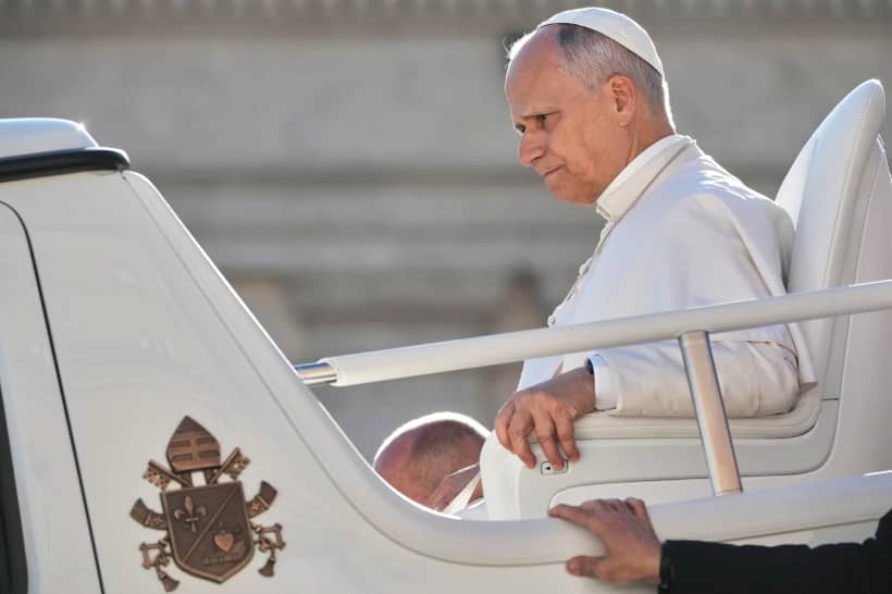 Pope Leo XIV leaves at the end of his weekly general audience in the St. Peter¥s Square at the Vatican, Wednesday, Dec. 10, 2025. (Credit: Andrew Medichini/AP.)
