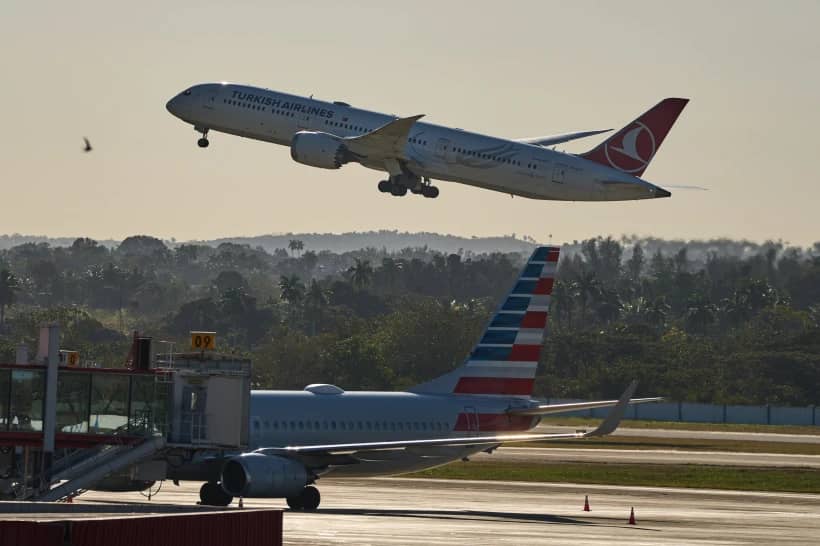 A Turkish Airlines plane takes off alongside an American Airlines plane at Jose Marti International Airport in Havana, Cuba, Monday, Feb. 9, 2026. (Credit: Ramon Espinosa/AP.)