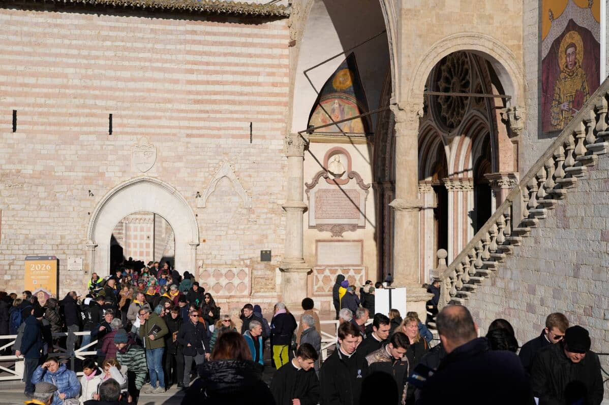 Pilgrims leave after they honored the bones of St. Francis during the first public display inside the St. Francis Basilica, marking the 800th anniversary of the saint’s death, in Assisi, Italy, Sunday, Feb. 22, 2026.(Credit: Gregorio Borgia/AP.)