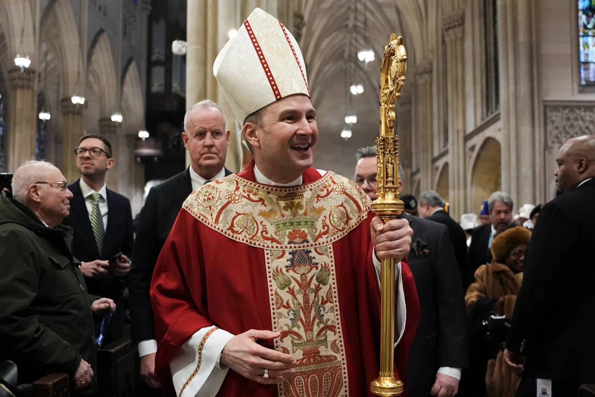 New York Archbishop-designate Ronald A. Hicks, who is taking over from Cardinal Timothy Dolan, leaves after his Installation Mass at St. Patrick’s Cathedral in the Manhattan borough of New York on Friday, Feb. 6, 2026. (Credit: Angelina Katsanis/ Pool Reuters via AP.)