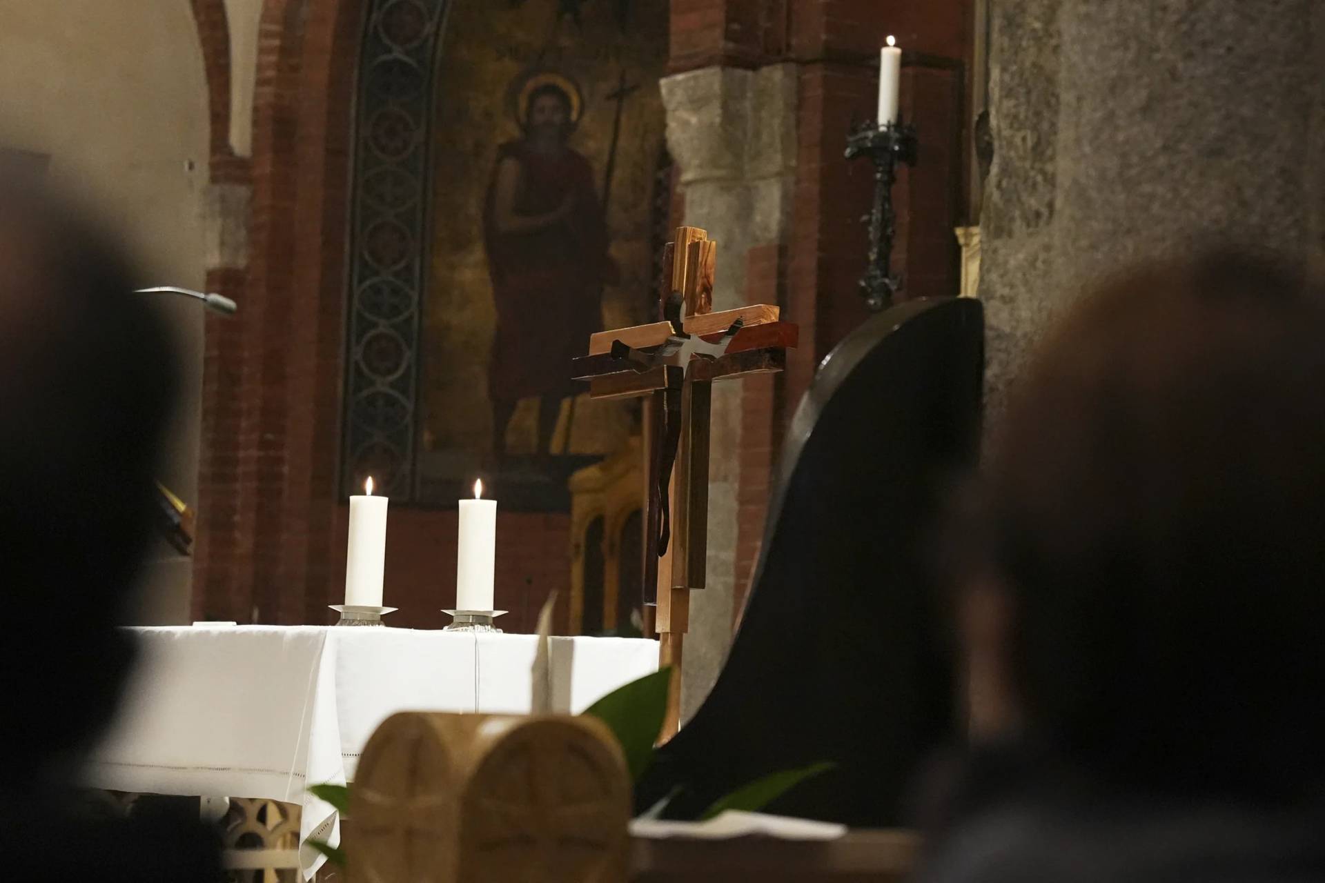 The “Cross of Athletes” is seen during a Mass at the Basilica of San Babila, known as the Church of Athletes during the 2026 Winter Olympics, in Milan, Italy, Saturday, Feb. 8, 2026. The cross travels to Olympic host cities as a symbol of faith, unity, and the values of sport. (Credit: María Teresa Hernandez/AP.)