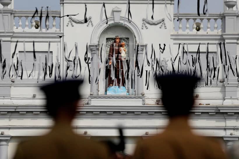 Sri Lankan police officers secure the area of exploded St. Anthony’s Church on Easter Sunday attacks in Colombo, Sri Lanka, April 28, 2019. (Credit: Eranga Jayawardena/AP.)