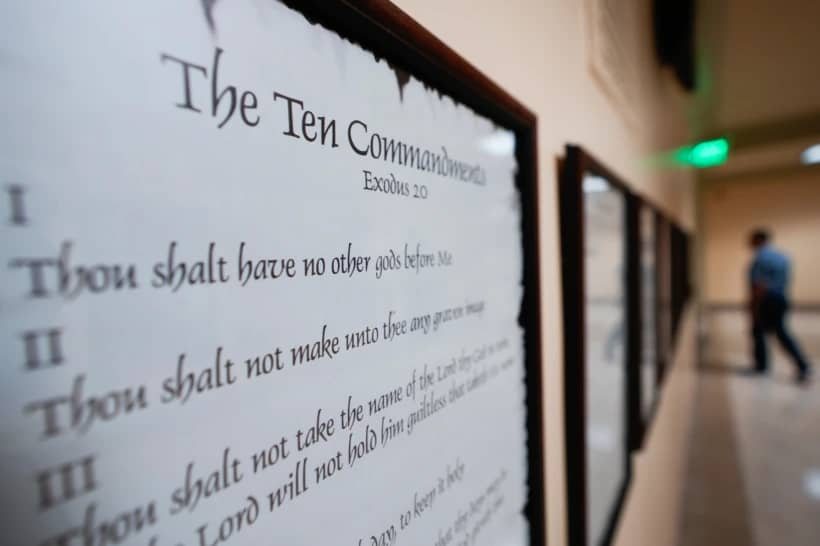 A copy of the Ten Commandments is posted along with other historical documents in a hallway of the Georgia Capitol, June 20, 2024, in Atlanta. (Credit: John Bazemore/AP.)