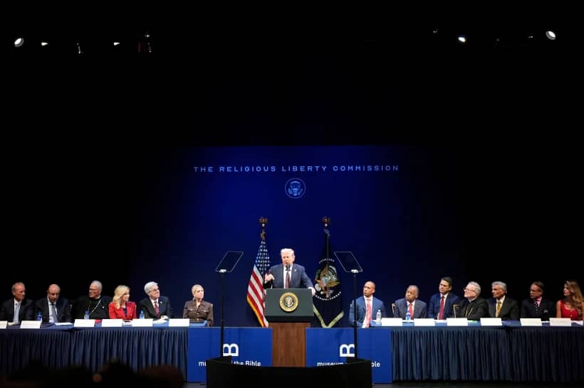 President Donald Trump speaks at a hearing of the Religious Liberty Commission at the Museum of the Bible, Sept. 8, 2025, in Washington. (Credit: Alex Brandon/AP.)