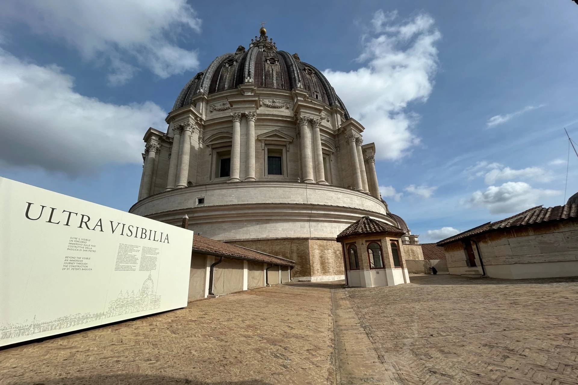 The entrance to the "Ultra Visibilia" exhibition on St. Peter's Terrace is shown on the occasion of the 400th anniversary of the dedication of St. Peter's Basilica at the Vatican, Monday, Feb. 16, 2026. (Credit: Gregorio Borgia/AP.)