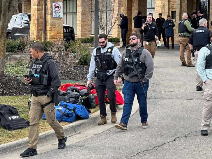 Law enforcement respond to a call at Temple Israel synagogue on Thursday, March 12, 2026, in West Bloomfield Township, Mich. (Credit: Corey Williams/AP.)