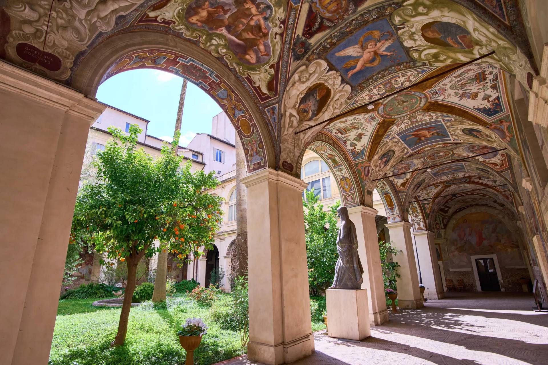 A view of the frescoed vaults of the cloister of the Basilica of Santa Maria sopra Minerva in Rome, Wednesday, March 18, 2026. (Credit: Domenico Stinellis/AP.)
