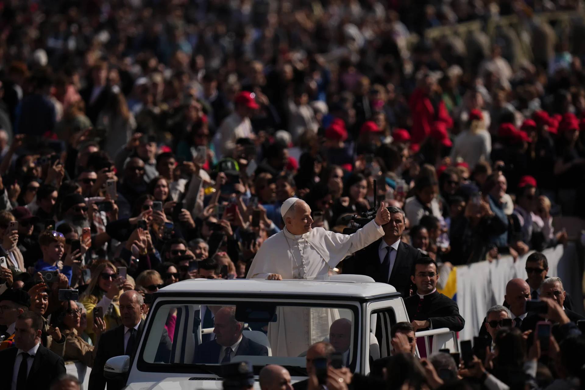 Pope Leo XIV greets faithful as he arrives in St. Peter's Square for the weekly general audience at the Vatican, Wednesday, March 25, 2026. (Credit: Alessandra Tarantino/AP.)
