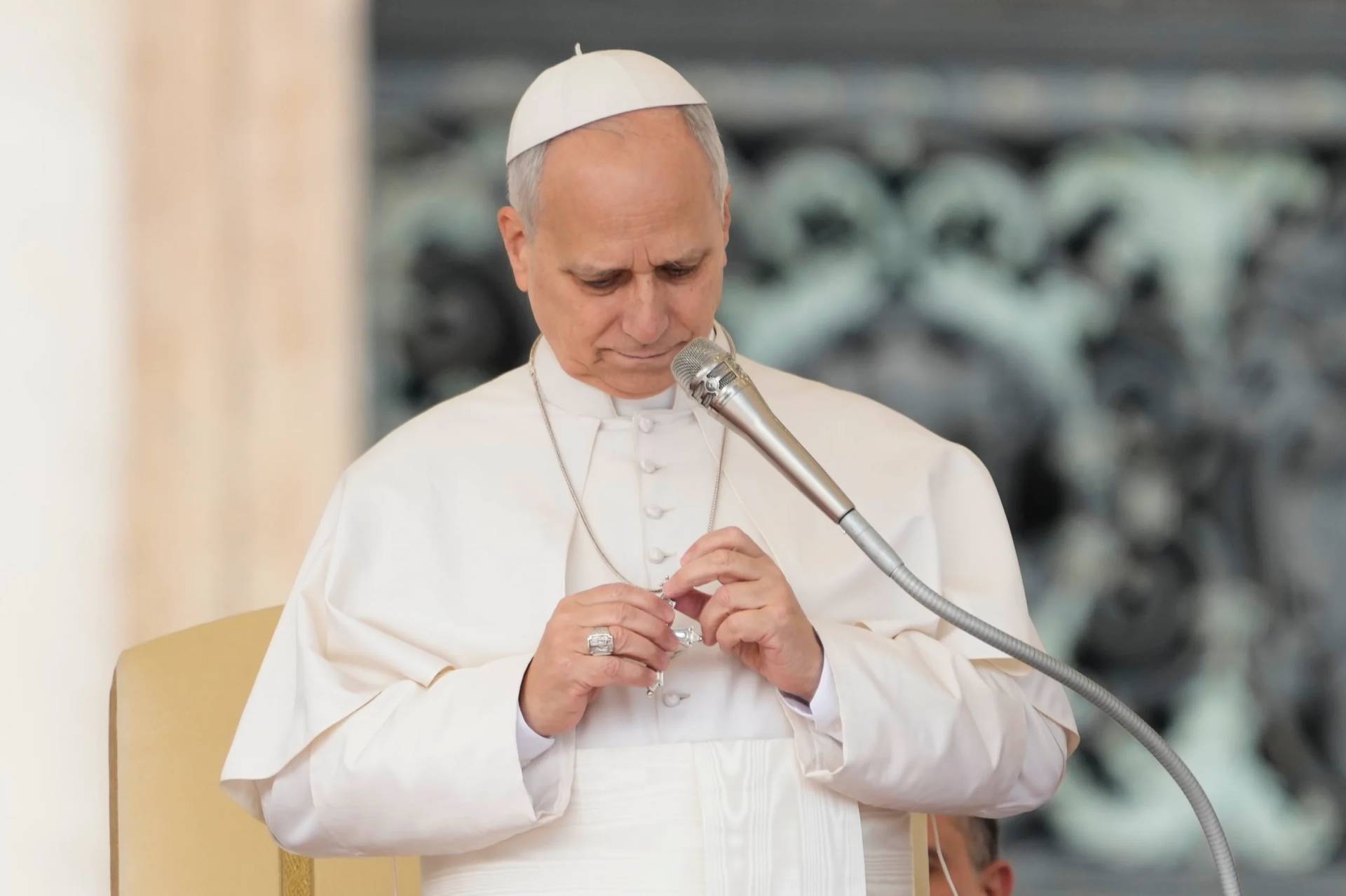 Pope Leo XIV at his weekly general audience in St. Peter's Square in the Vatican on March 11, 2026. (Credit: Gregorio Borgia/AP.)