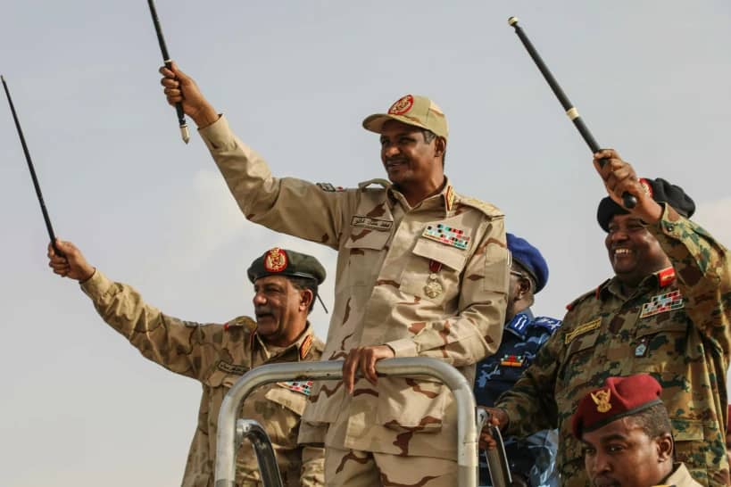 Mohammed Hamdan Dagalo, center, greets the crowd during a military-backed tribes’ rally in the Nile River State of Sudan, July 13, 2019. (Credit: Mahmoud Hjaj/AP.)