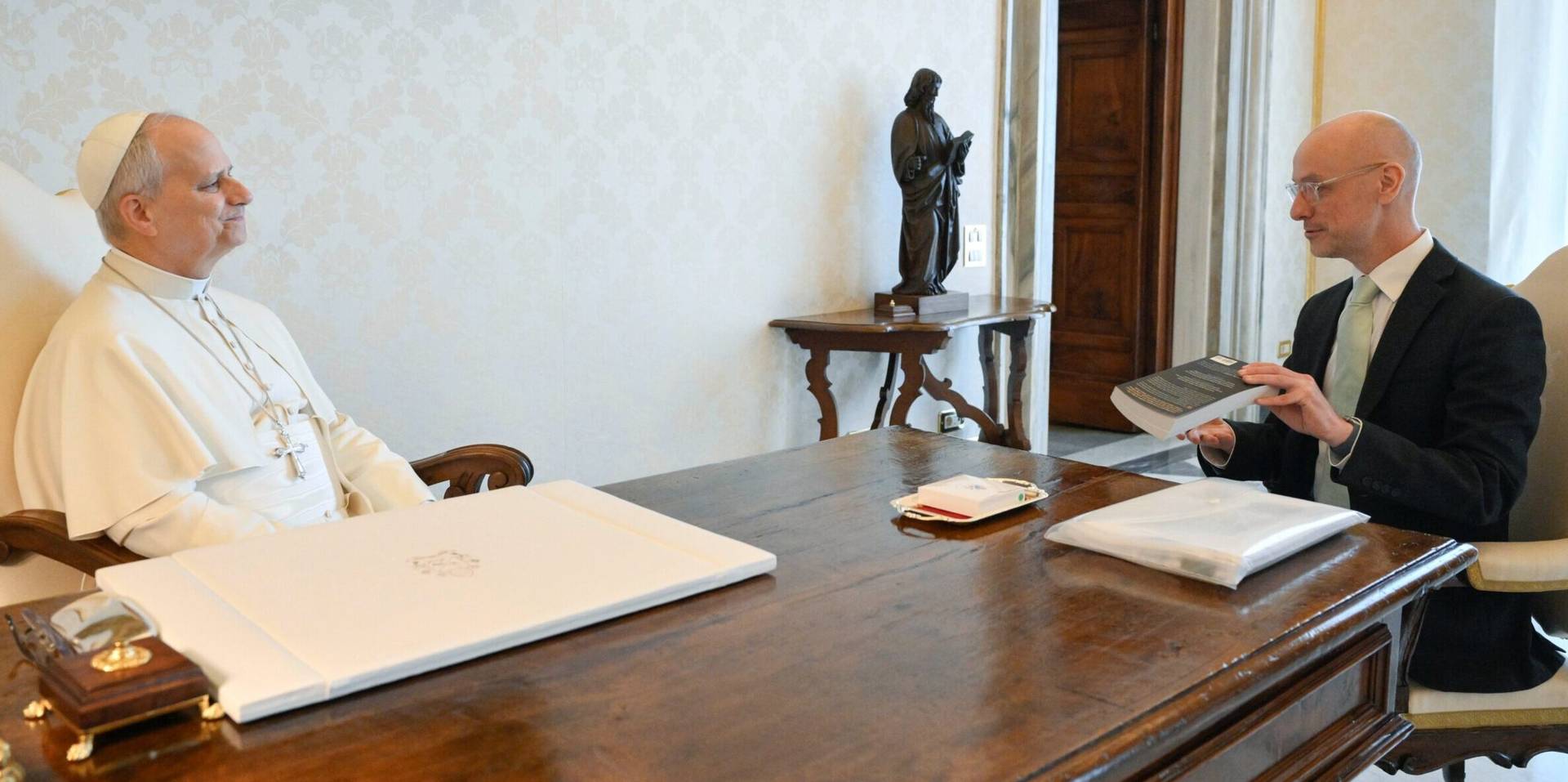 Pope Leo XIV meets with author Gareth Gore in the Vatican on March 16, 2026. (Credit: Vatican Media.)