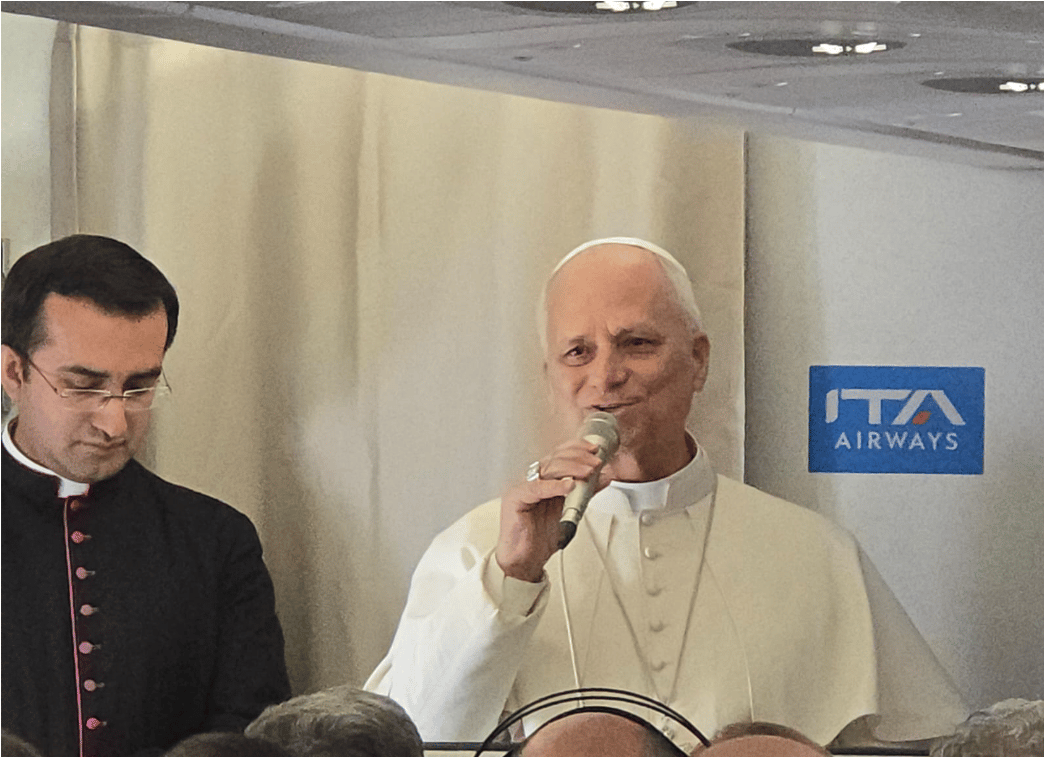 Pope Leo XIV on the papal plane from Equatorial Guinea to Rome on April 23, 2026. (Credit: Elise Ann Allen/Crux Now.)