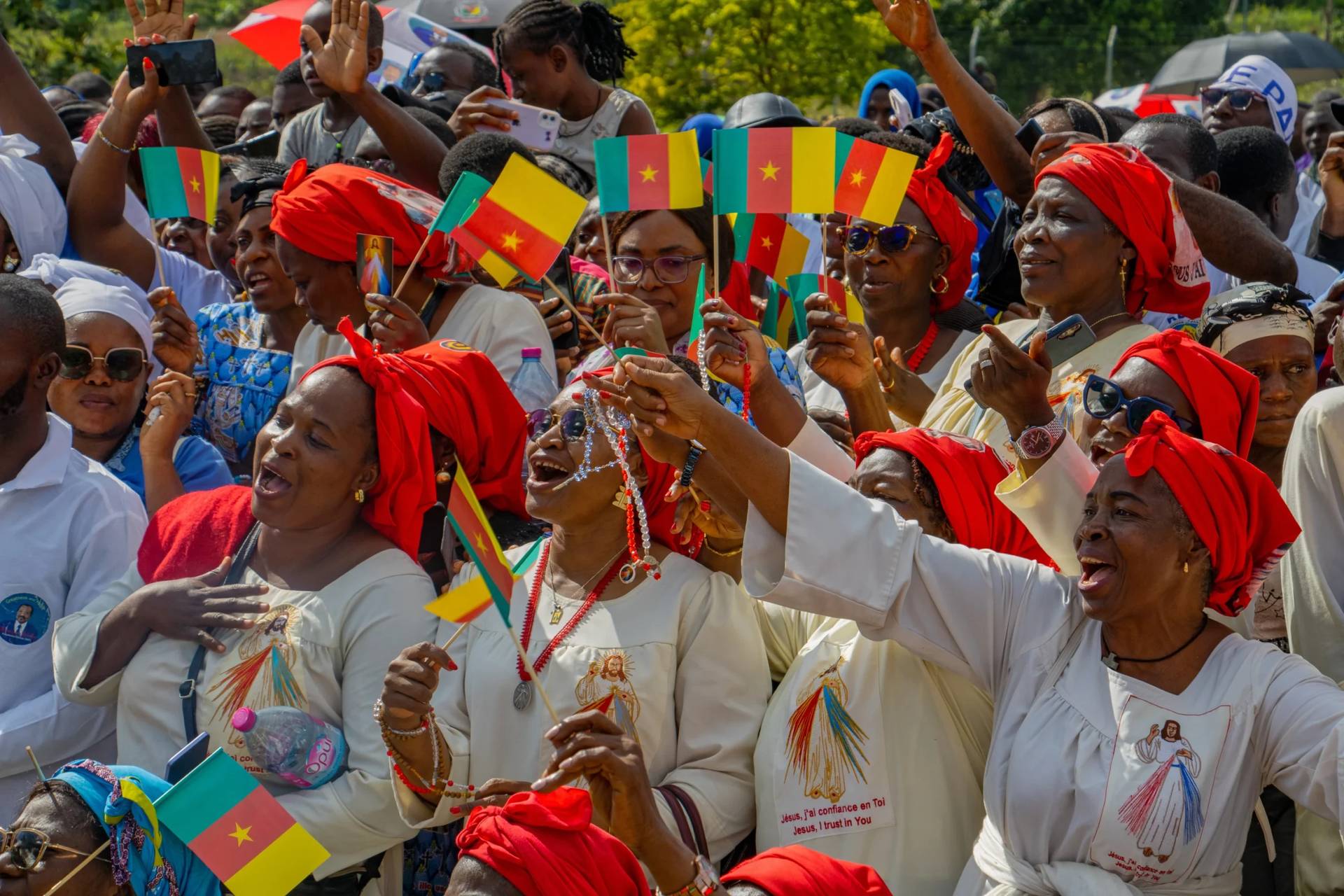 People cheer as Pope Leo XIV arrives in Yaounde, Cameroon, Wednesday, April 15, 2026. (Credit: Welba Yamo Pascal/AP.)