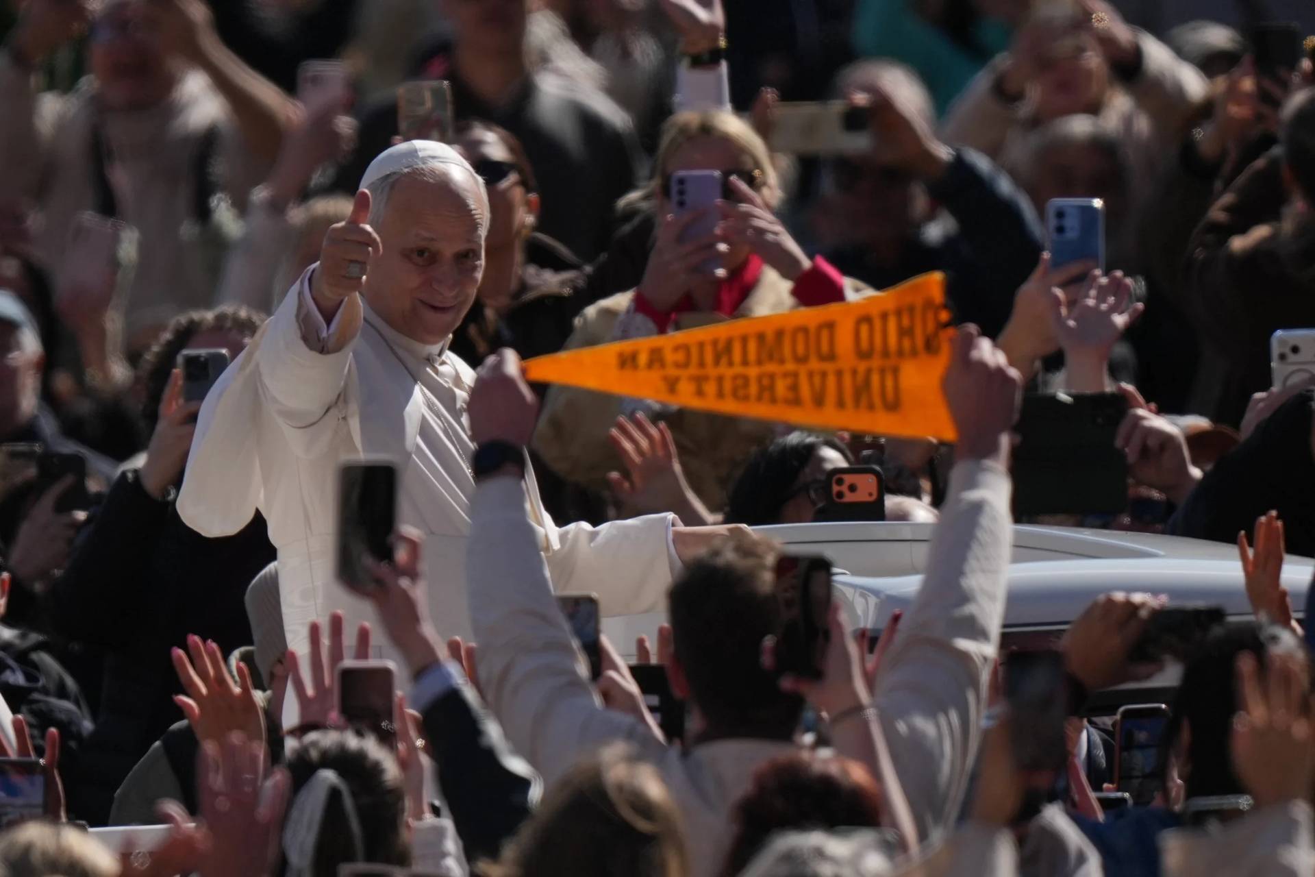Pope Leo XIV arrives for his weekly general audience in St. Peter’s Square, at the Vatican, Wednesday, March 18, 2026. (Credit: Andrew Medichini/AP.)