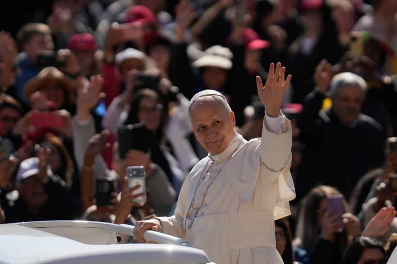 Pope Leo XIV arrives for his weekly general audience in St. Peter’s Square, at the Vatican, Wednesday, April 8, 2026. (Credit: Gregorio Borgia/AP.)
