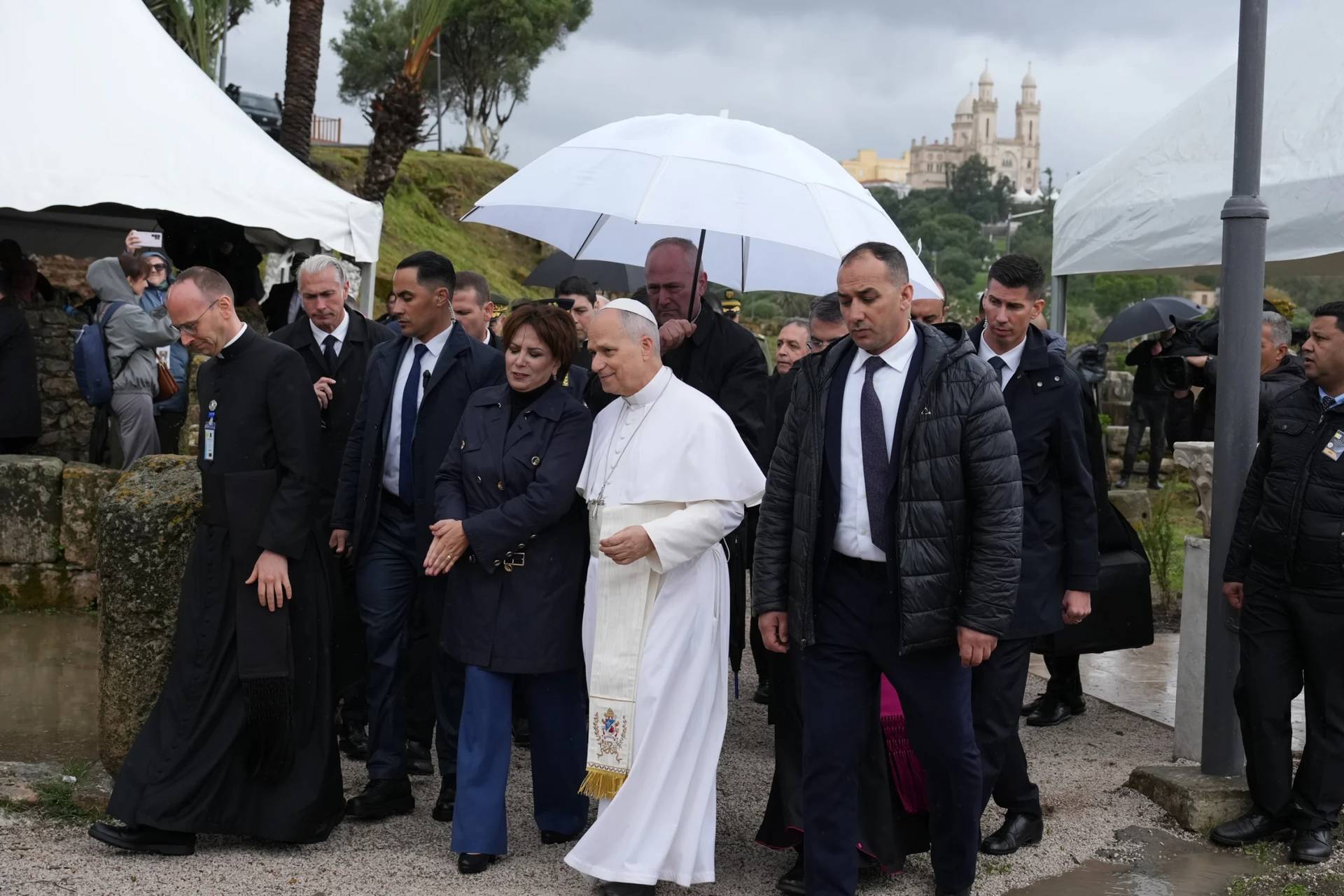 Pope Leo XIV visits the archaeological site of Hippo, in Annaba, Algeria, Tuesday, April 14, 2026, on the second day of an 11-day apostolic journey to Africa. (Credit: Andrew Medichini/AP.)