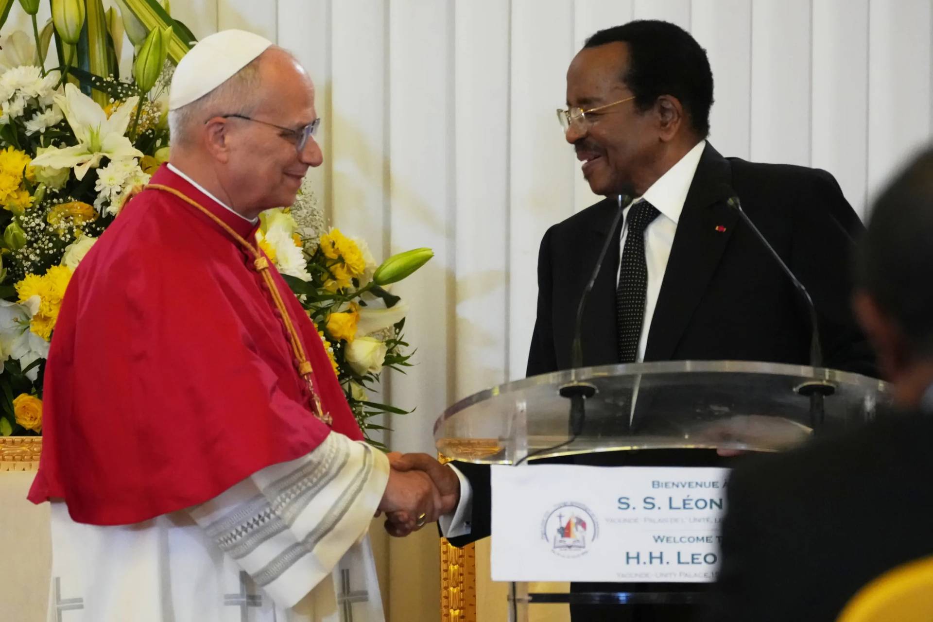 Pope Leo XIV shakes hands with Cameroon's President Paul Biya during the meeting with the authorities, civil society and the diplomatic corps in Yaounde Cameroon, Wednesday, April 15, 2026. (Credit: Andrew Medichini/AP.)