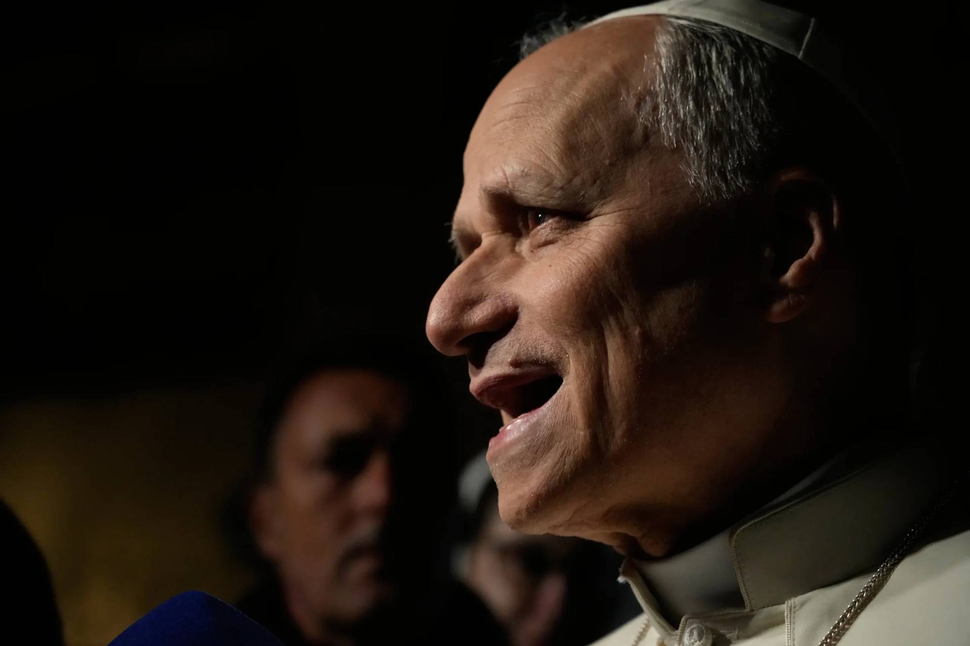 Pope Leo XIV talks to journalists as he leaves his residence in Castel Gandolfo, on the outskirts of Rome, to return to the Vatican, Tuesday, March 31, 2026. (Credit: Gregorio Borgia/AP.)