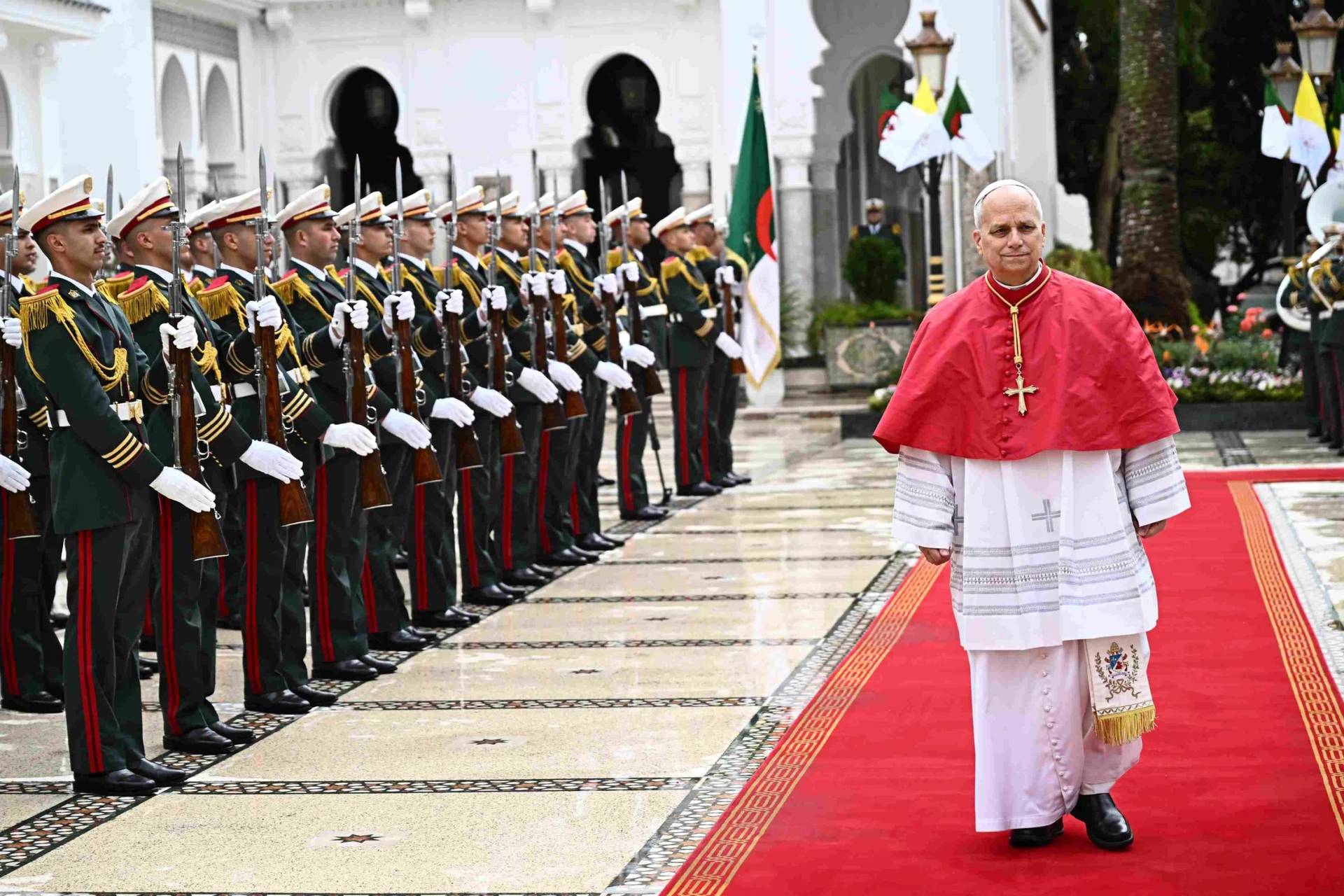 Pope Leo XIV arrives at the El Mouradia Presidential Palace in Algiers, Monday, April 13, 2026, at the start of an 11-day apostolic journey to Africa. (Credit: Luca Zennaro/Pool Photo via AP.)