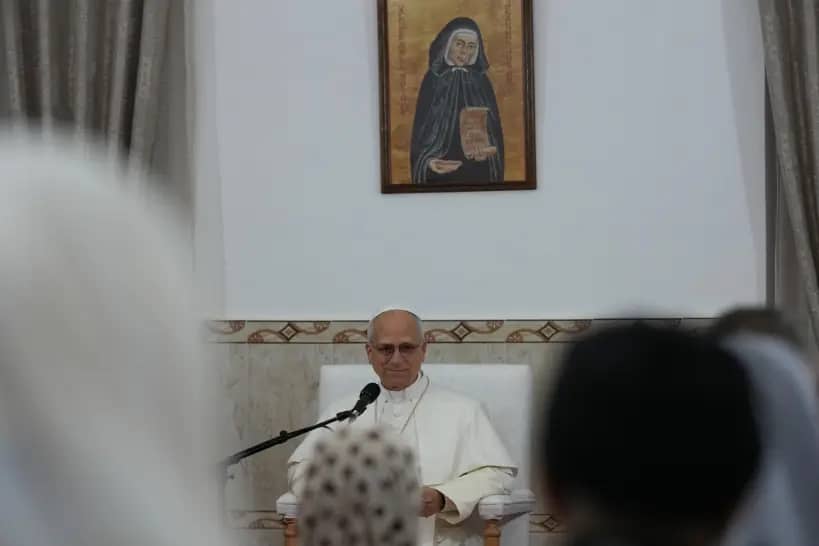Pope Leo XIV visits the nursing home of the Little Sisters of the Poor in Annaba, Algeria, Tuesday, April 14, 2026, on the second day of an 11-day apostolic journey to Africa. (Credit: Andrew Medichini/AP via Pool.)