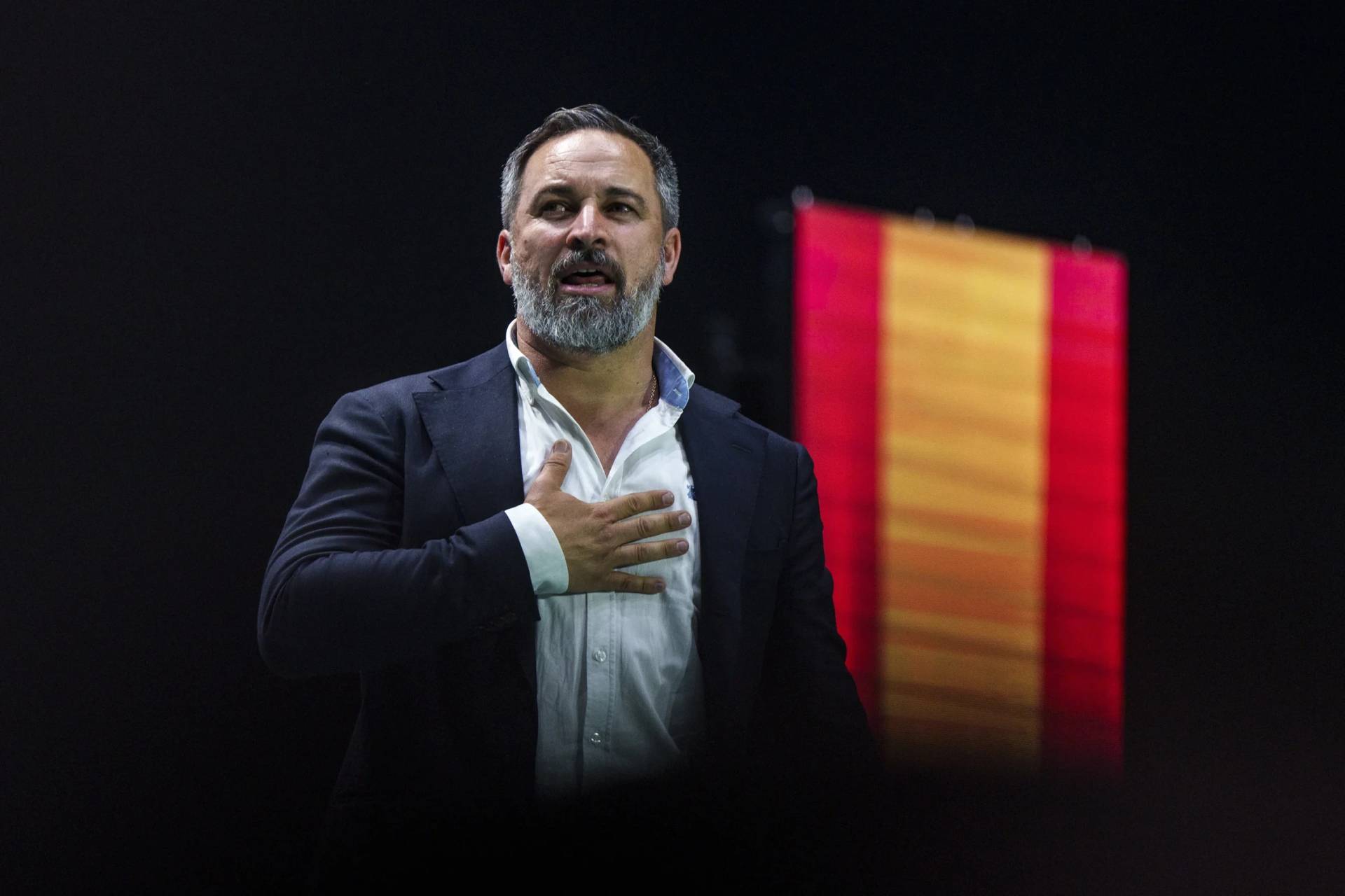 Santiago Abascal, the Spanish far-right wing party Vox’s rally “Europa Viva 24" in Madrid, Spain, Sunday, May 19, 2024. (Credit: Manu Fernandez/AP.)