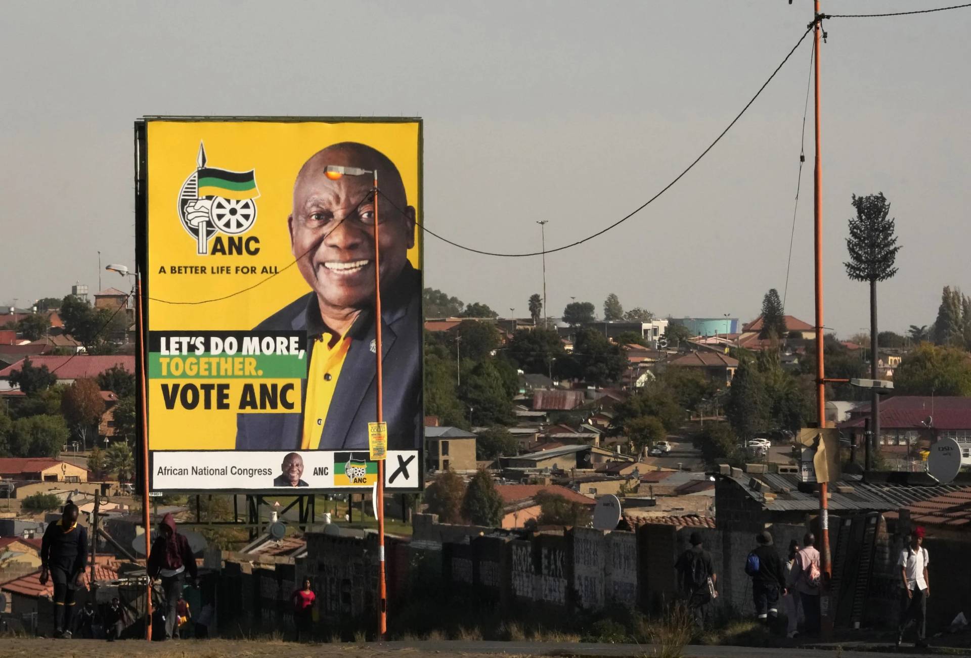 An election poster with President Cyril Ramaphosa in Soweto, South Africa, April 22, 2024. (Credit: Themba Hadebe/AP.)