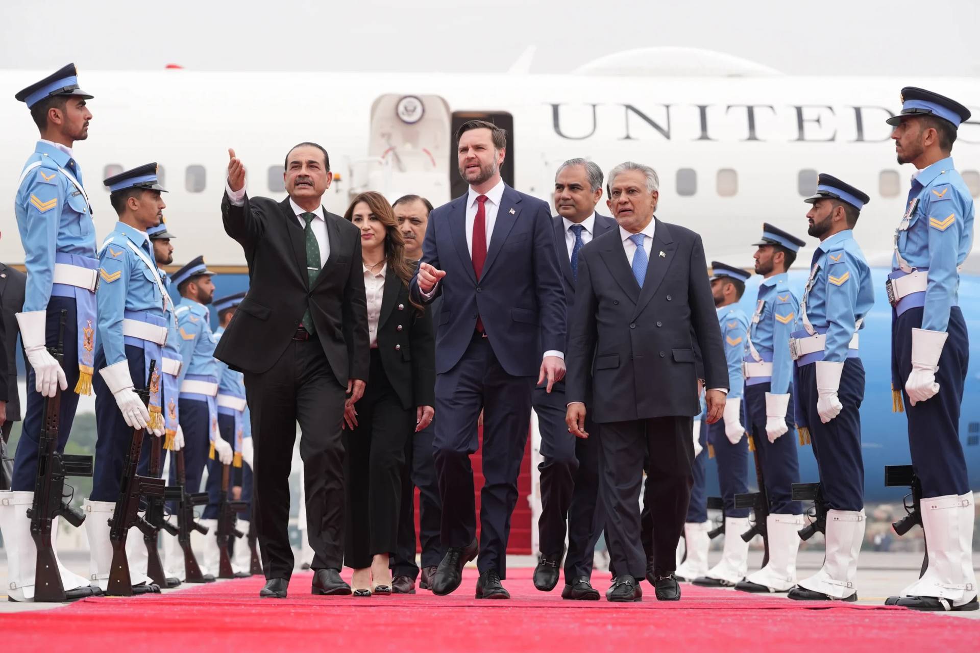 U.S. Vice President JD Vance, center, walks with Pakistan's Chief of Defence Forces and Chief of Army Staff Field Marshall Asim Munir, left, and Pakistani Deputy Prime Minister and Foreign Minister Mohammad Ishaq Dar after arriving for talks with Iranian officials in Islamabad, Pakistan, Saturday, April 11, 2026. (Credit: Jacquelyn Martin/Pool via AP.)