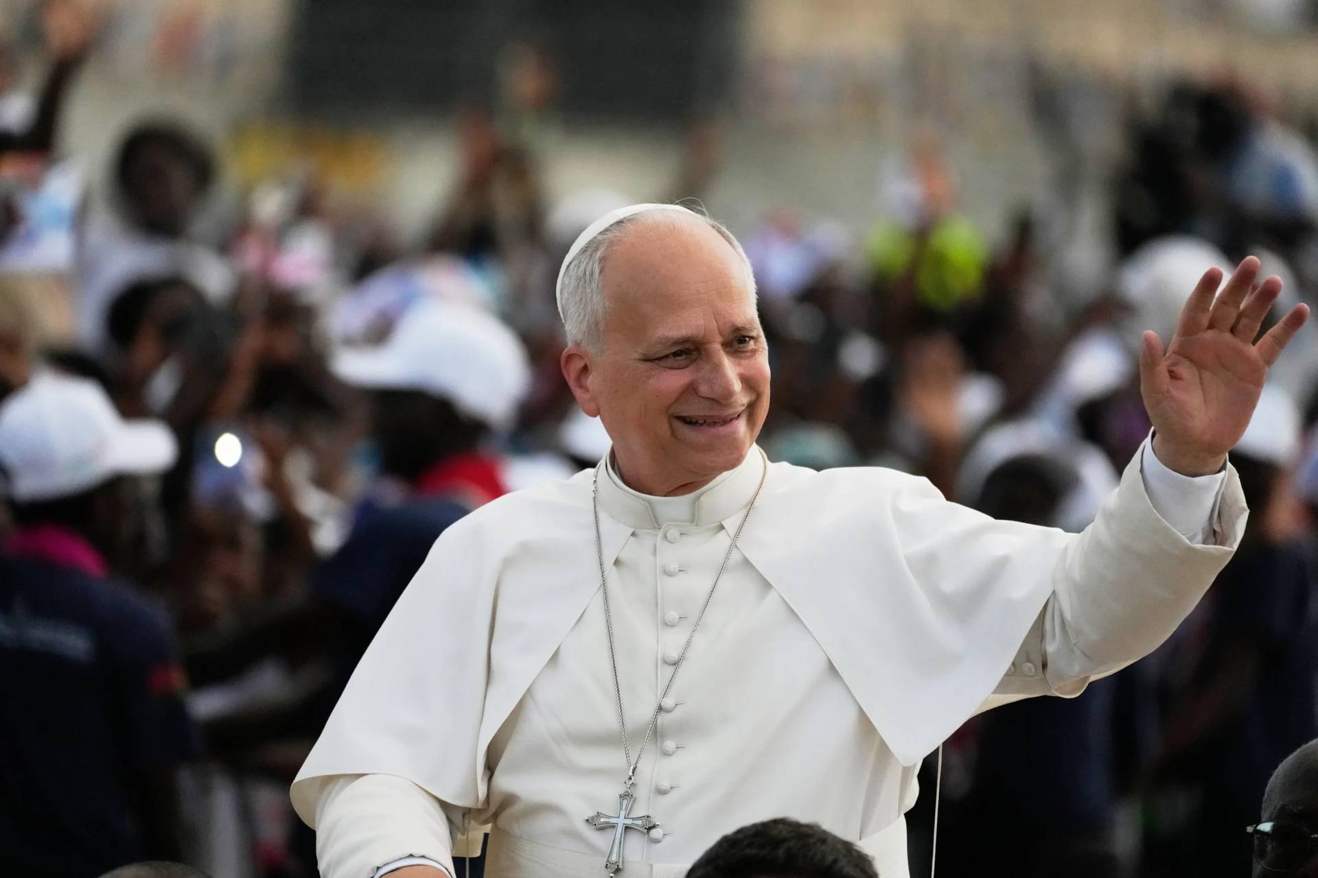 Pope Leo XIV arrives at the esplanade in front of the Sanctuary of Mama Muxima, in Muxima, Angola, Sunday, April 19, 2026. (Credit: Themba Hadebe/AP.)