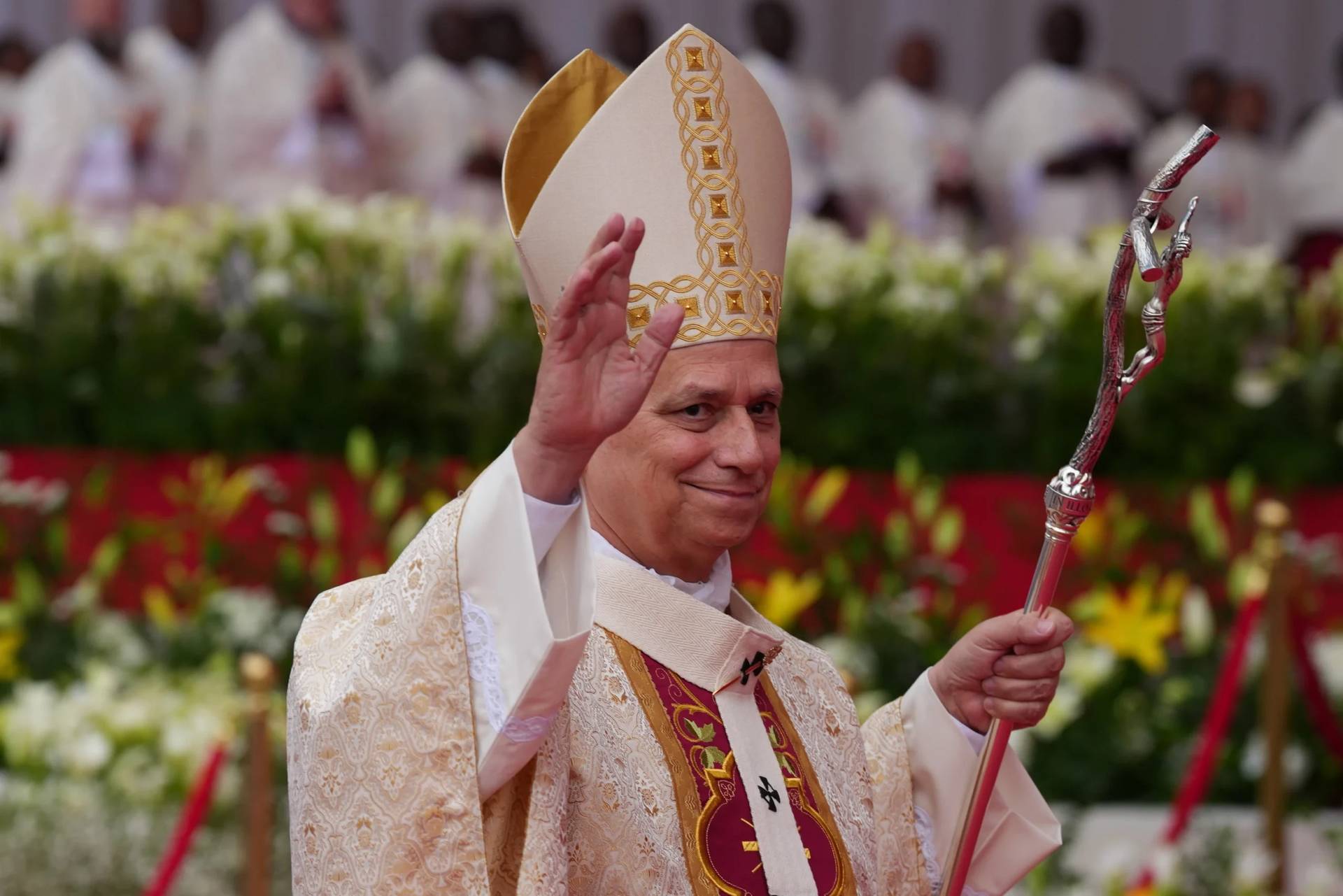 Pope Leo XIV arrives to celebrate the Holy mass at the Malabo stadium, in Malabo, Equatorial Guinea, Thursday, April 23, 2026, on the last day of his 11-day pastoral visit to Africa. (Credit: Misper Apawu/AP.)