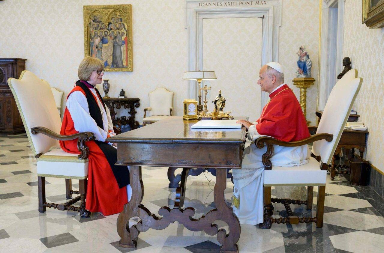 Pope Leo XIV meets with Dame Sarah Mullally, Archbishop of Canterbury in the Vatican on April 27, 2026. (Credit: Vatican Media.)